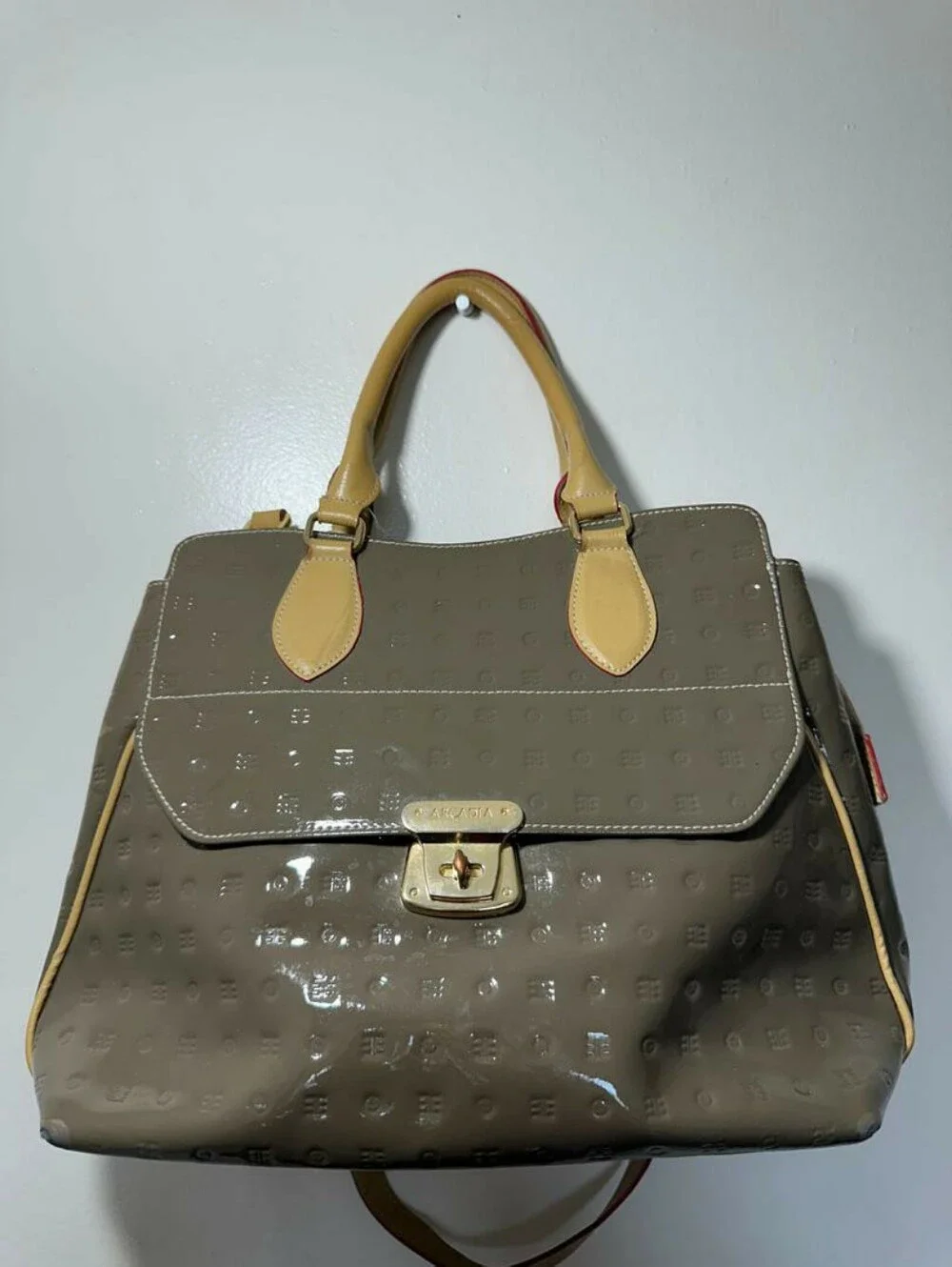 ARCADIA Italy Logo Embossed Patent Leather Satchel Top Handle Bag